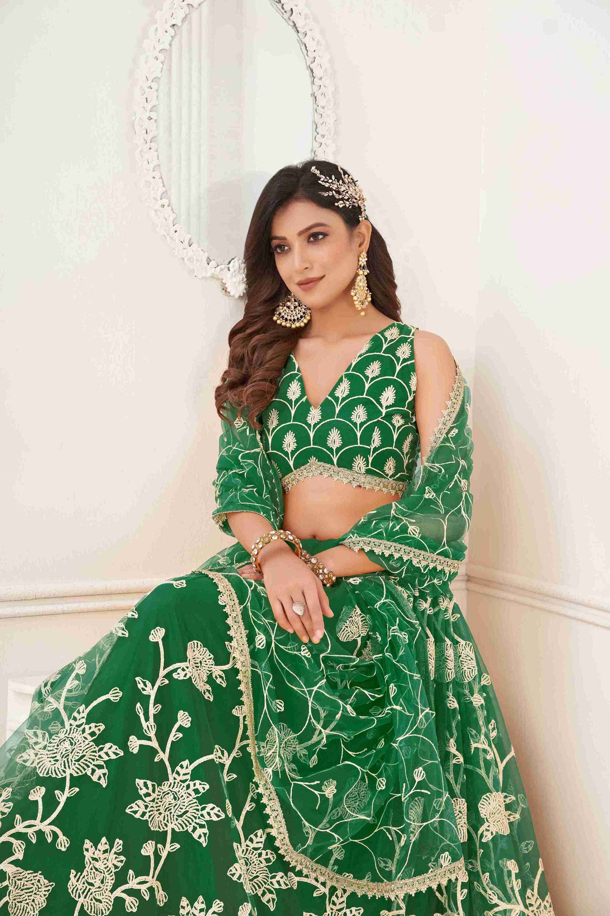 Green Colored Butterfly Net Sequins Embroidered  Lehenga Choli For Women