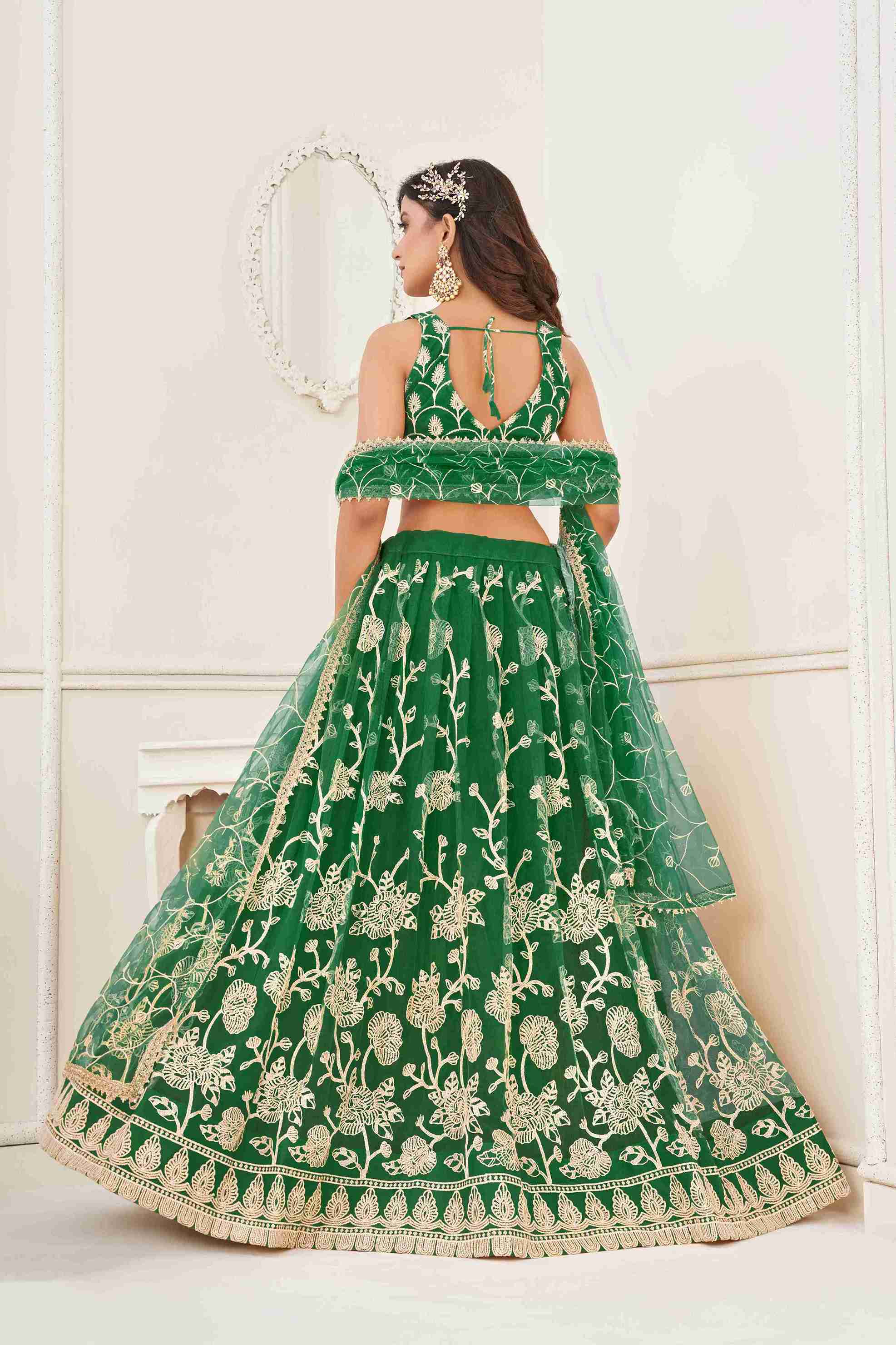 Green Colored Butterfly Net Sequins Embroidered  Lehenga Choli For Women