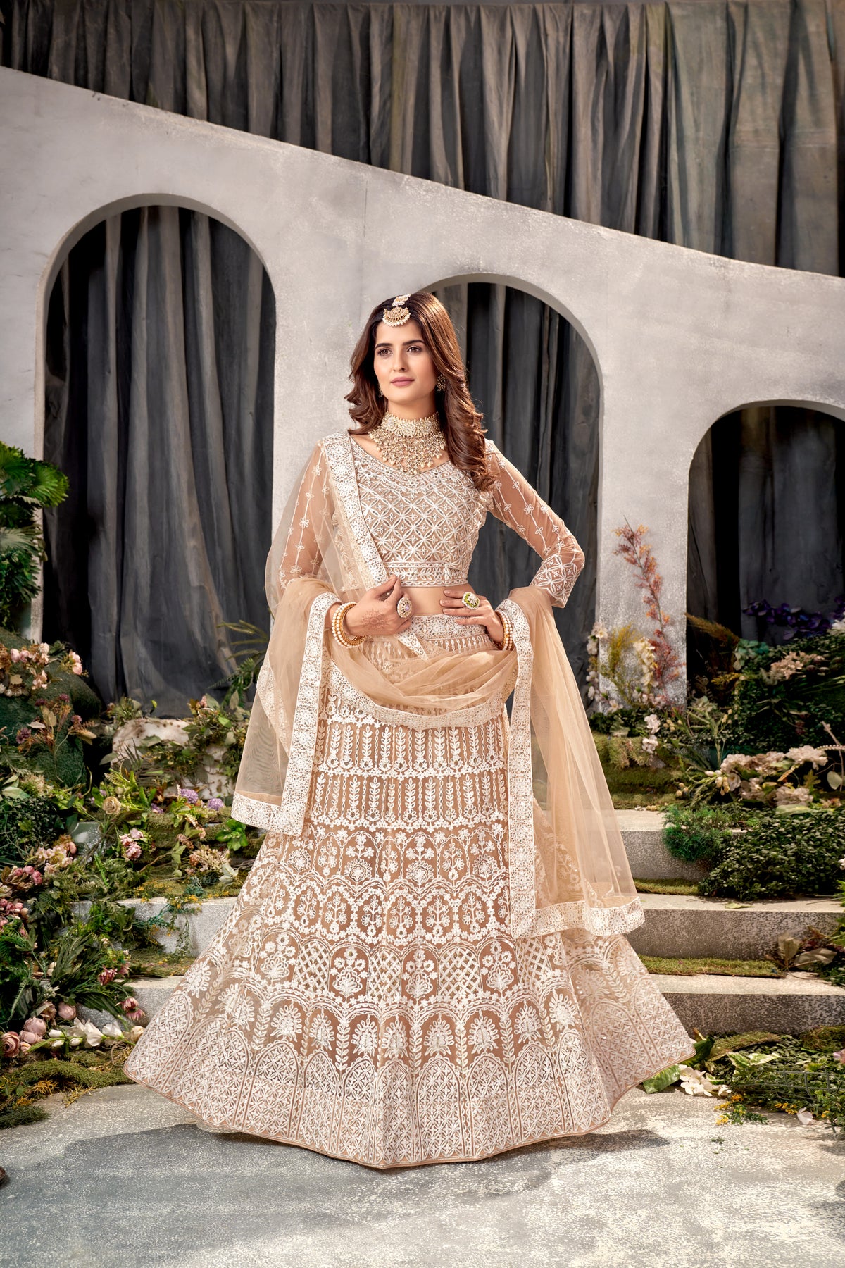 Beige Net Embroidered  Lehenga Choli