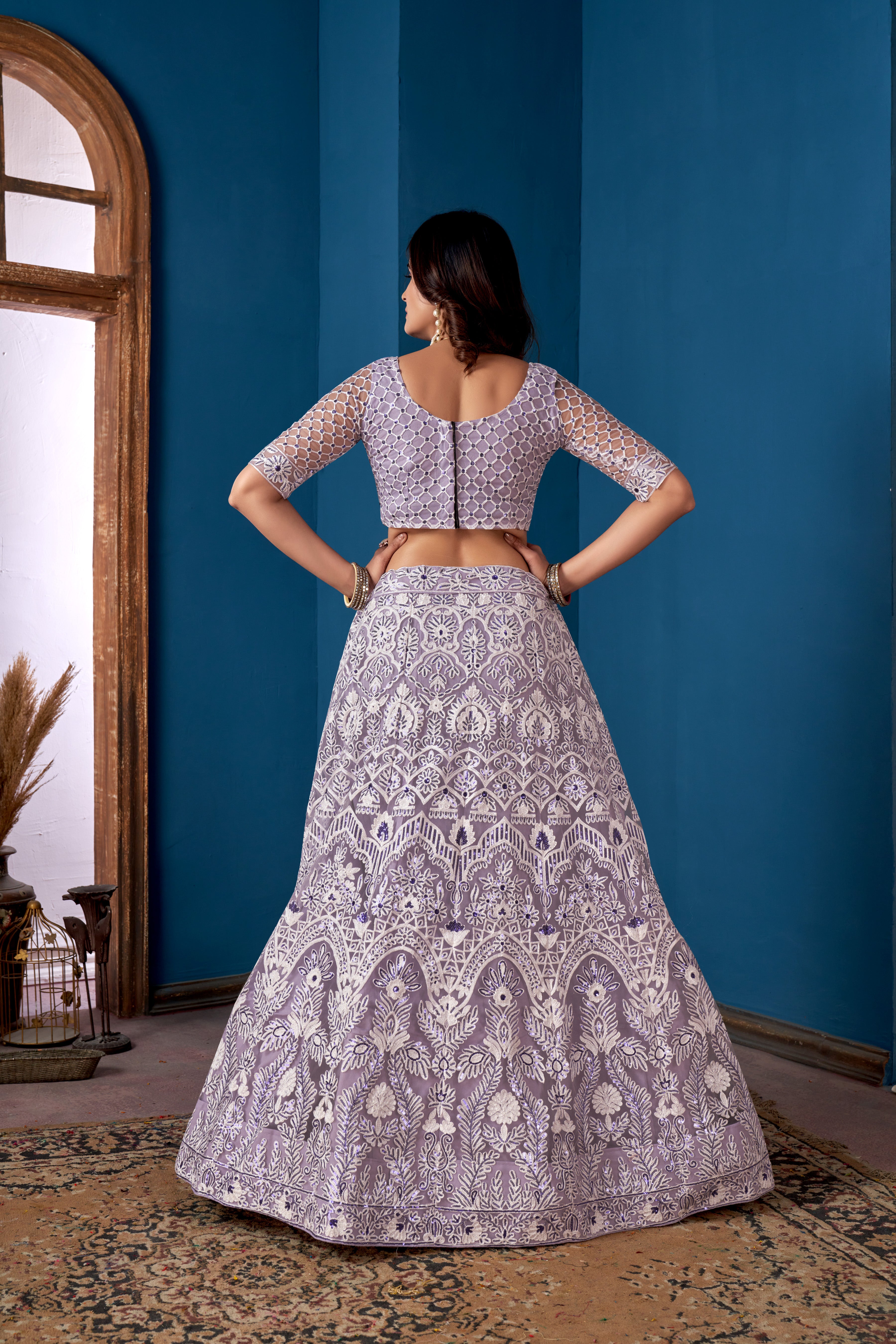 Grey Net Sequins Embroidered Lehenga Choli