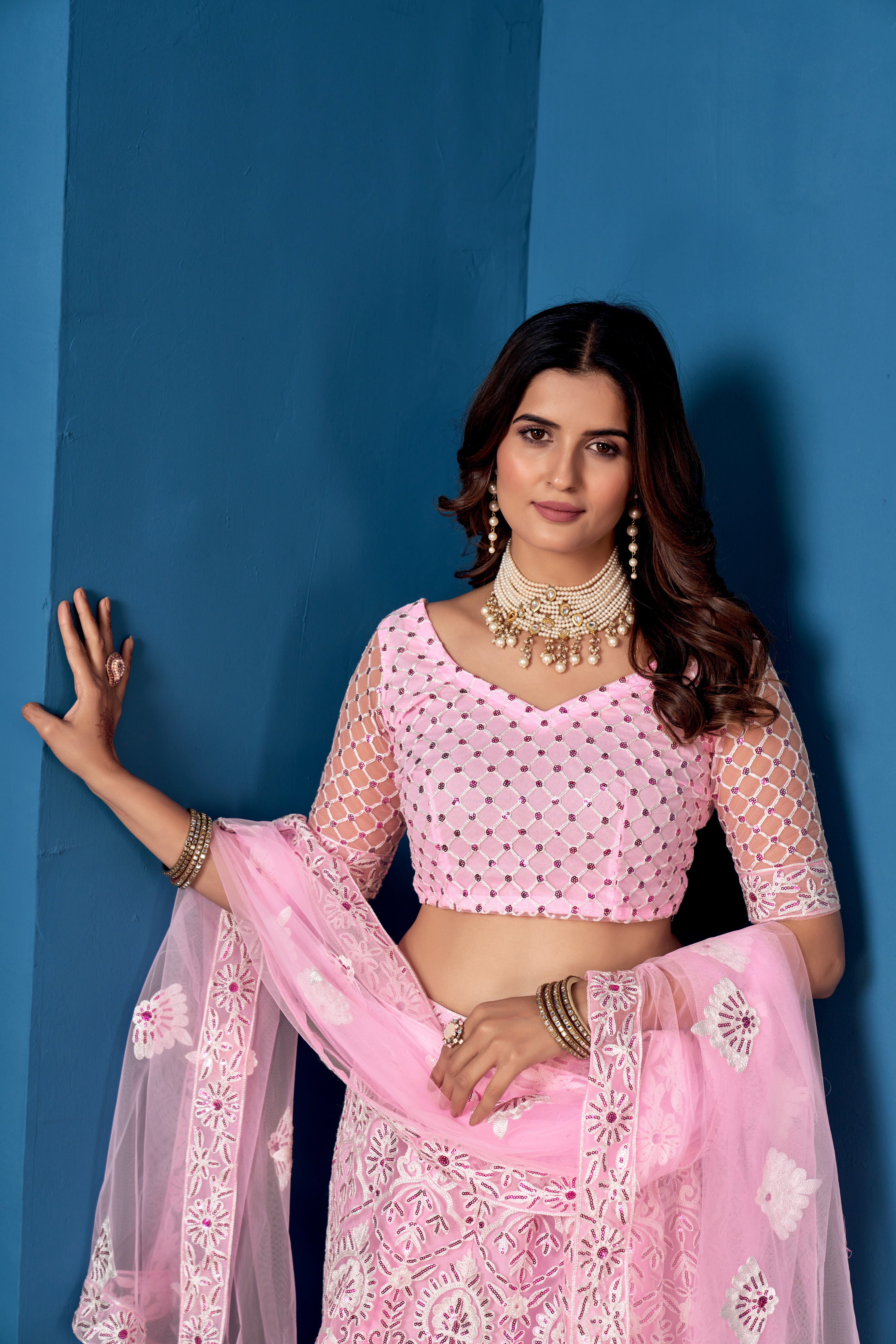 Pink Net Sequins Embroidered Lehenga Choli