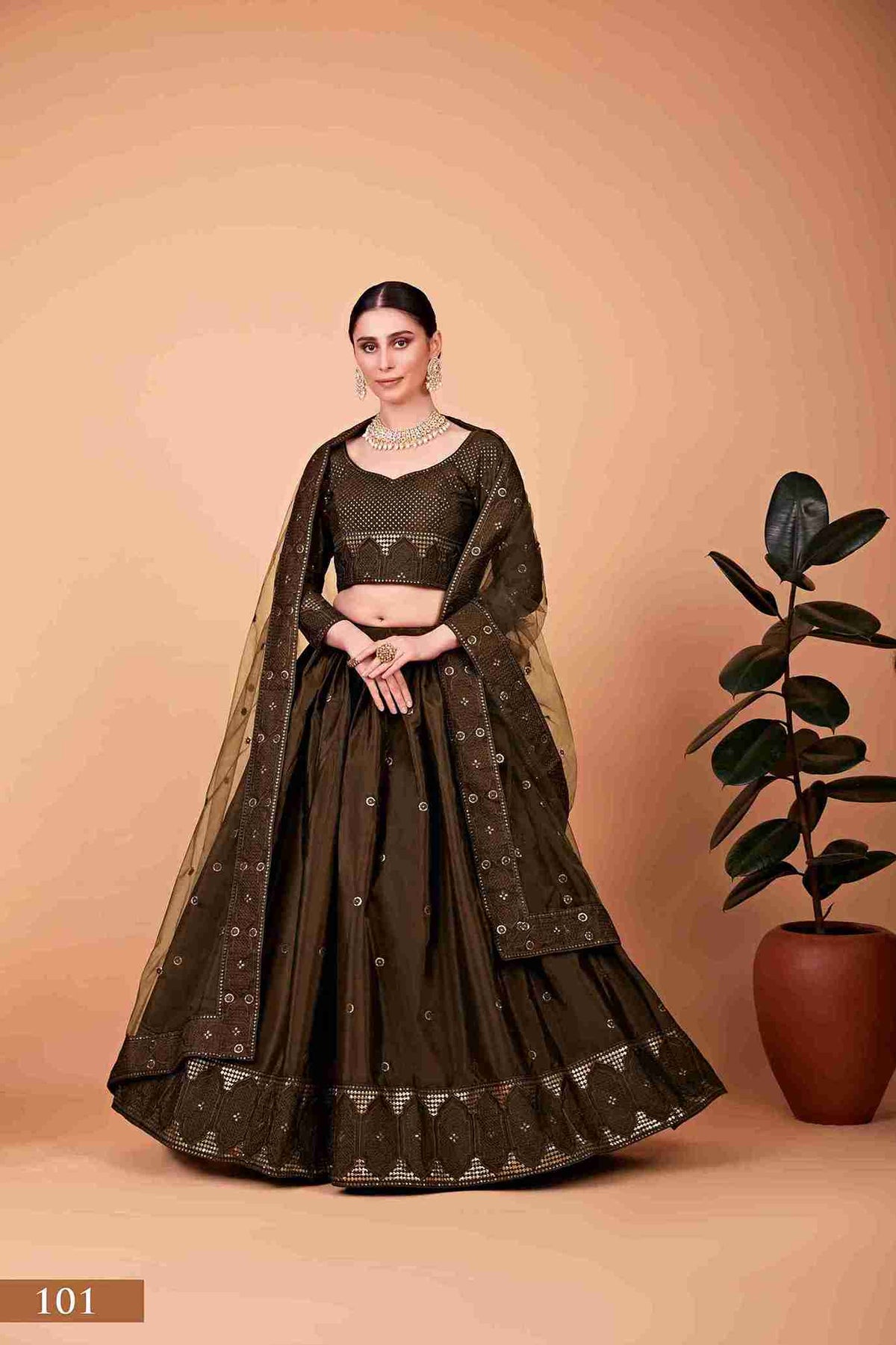 Olive Green Colored Silk Sequins Embroidered Lehenga Choli For Women