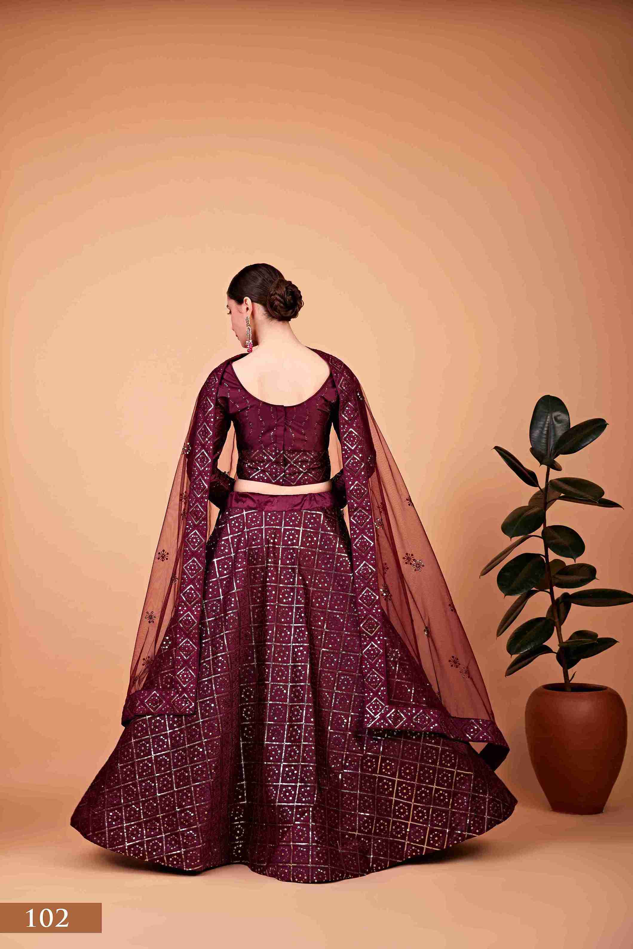 Wine Colored Silk Sequins Embroidered Lehenga Choli For Women