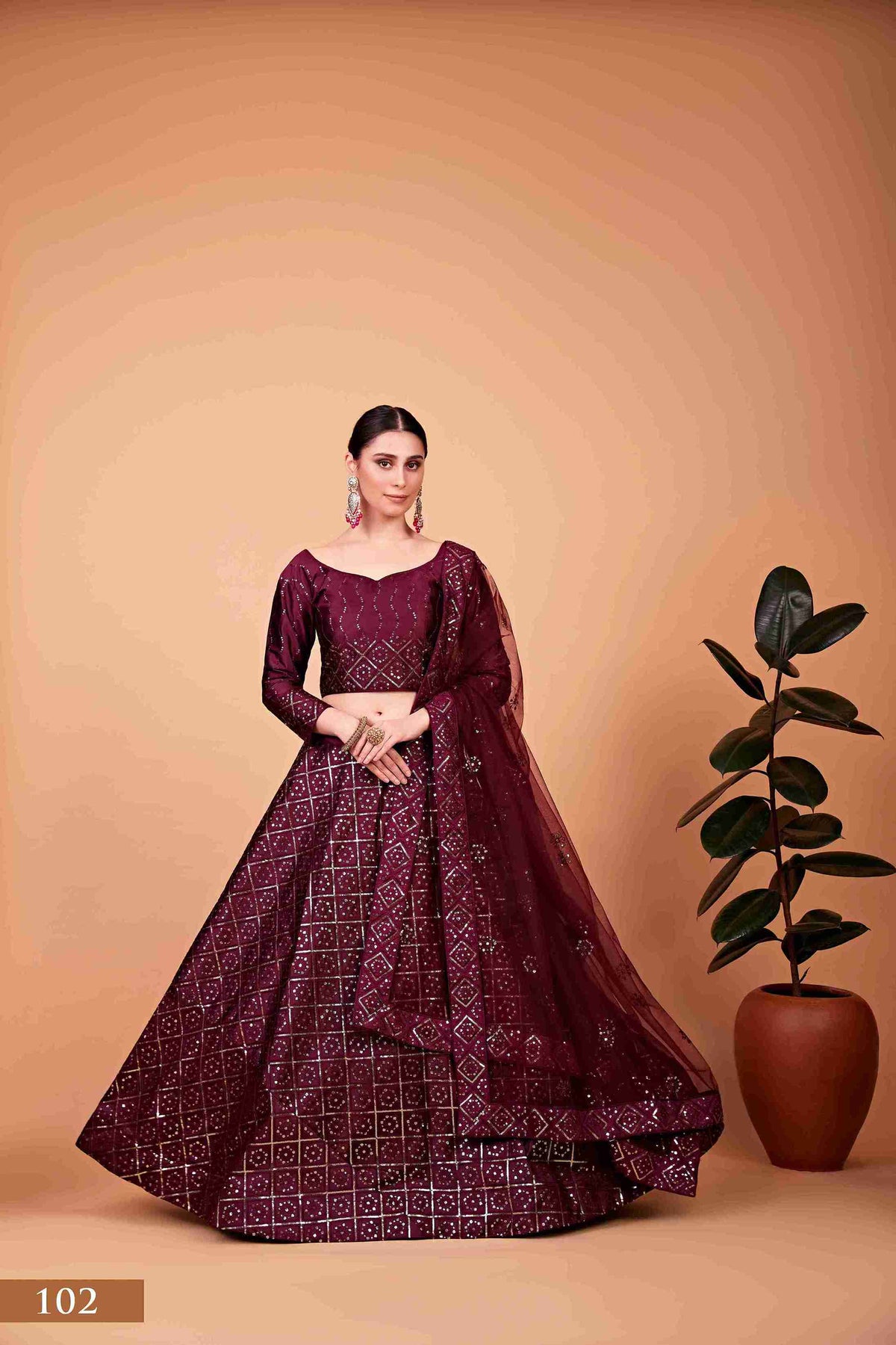 Wine Colored Silk Sequins Embroidered Lehenga Choli For Women