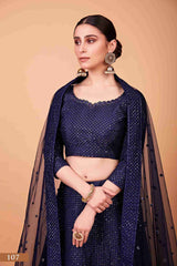 Navy Blue Colored Silk Sequins Embroidered Lehenga Choli For Women