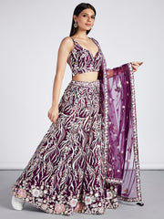 Burgundy Net Sequins Embroidered Lehenga Choli