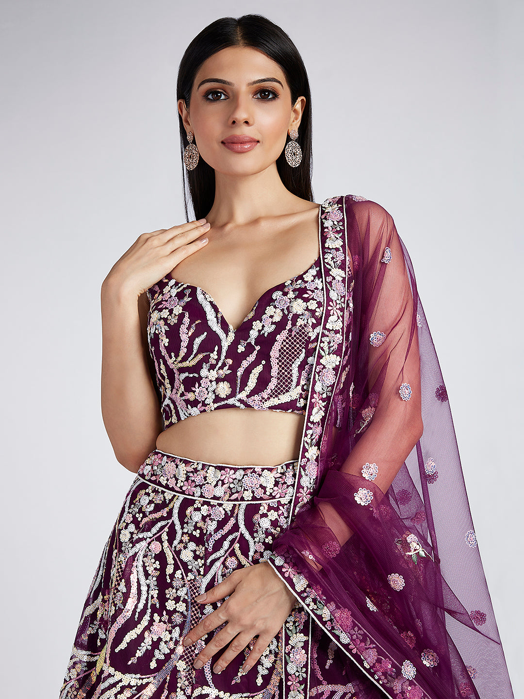 Burgundy Net Sequins Embroidered Lehenga Choli