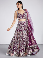 Burgundy Net Sequins Embroidered Lehenga Choli