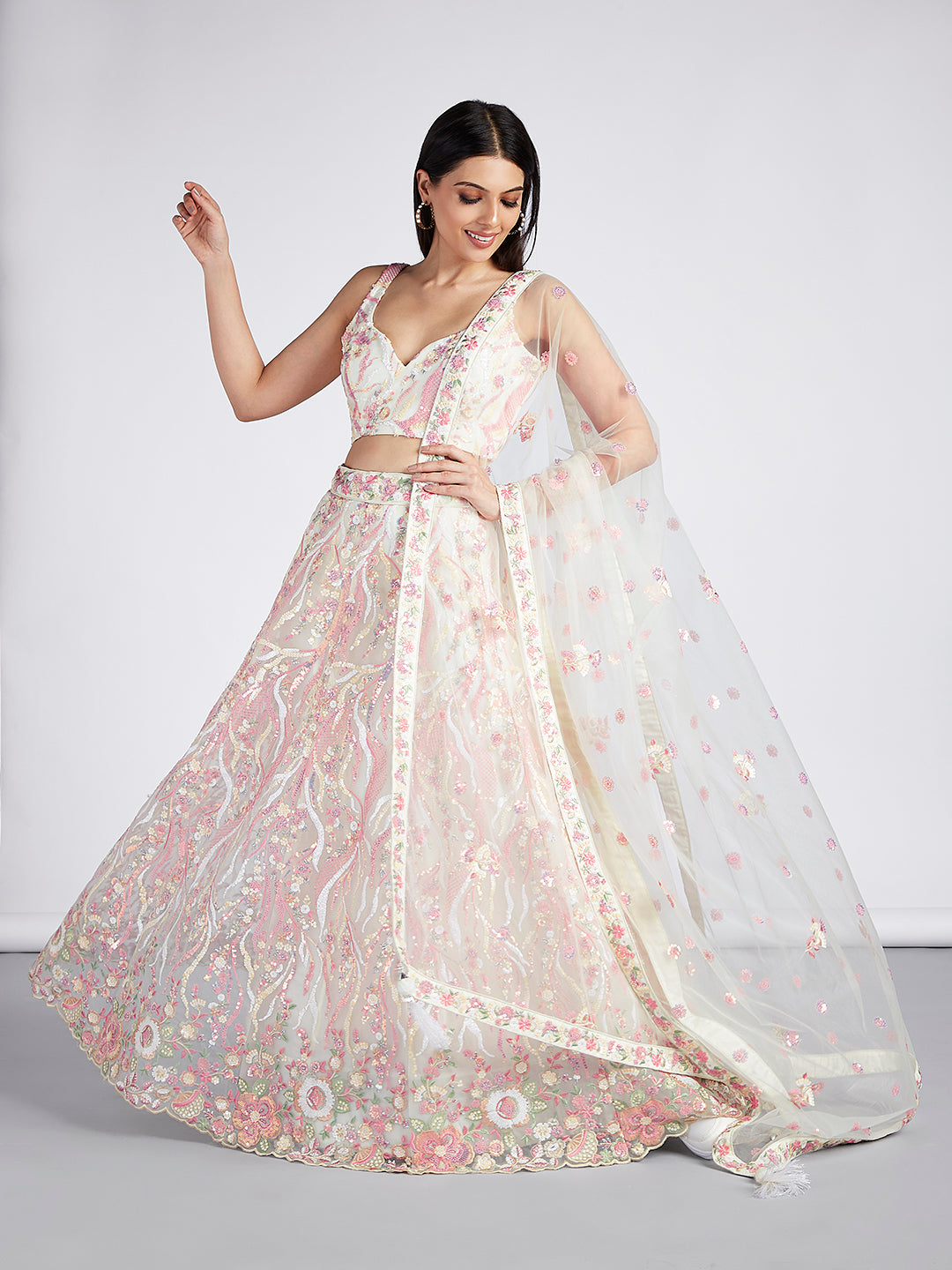 Cream Net Sequins Embroidered Lehenga Choli