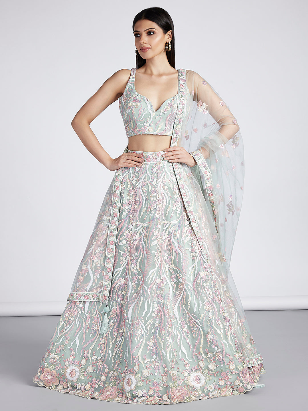 Lime Green Colored Net Sequins Embroidered Lehenga Choli For Women