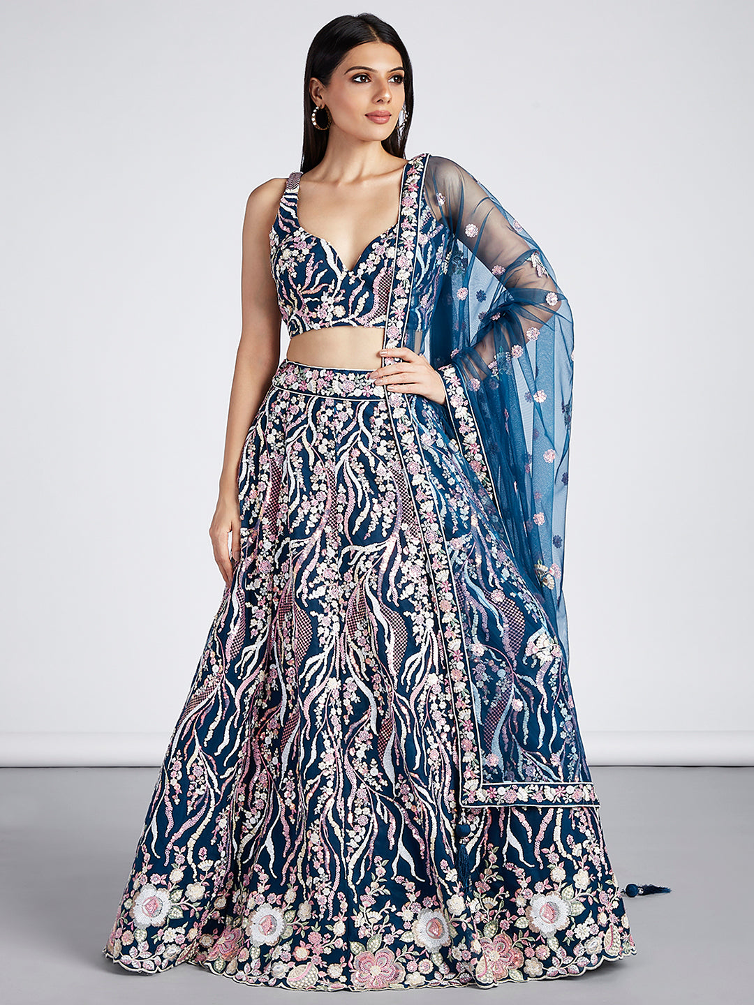 Navy Blue Colored Net Sequins Embroidered Lehenga Choli For Women