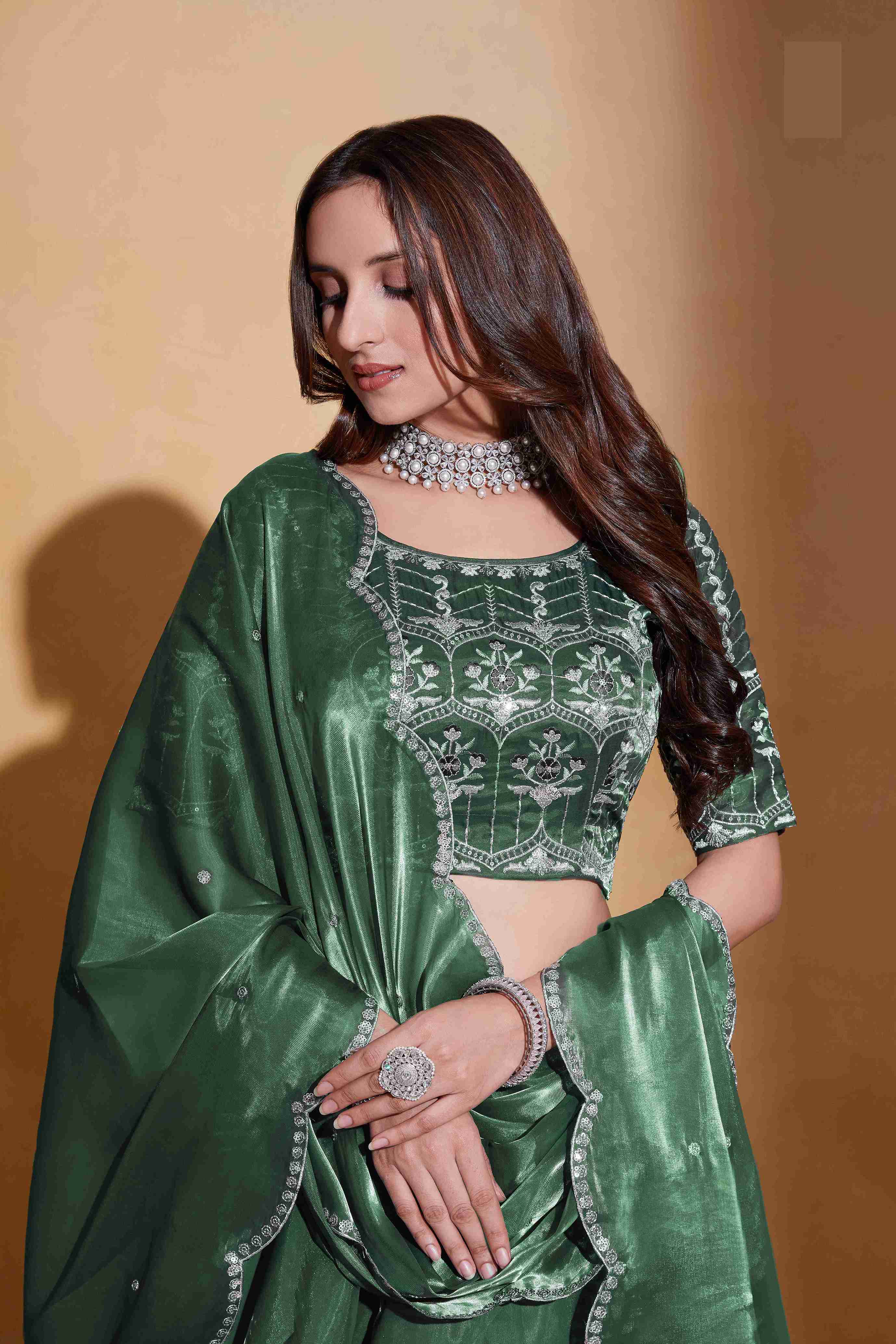 Green Colored Organza Silk Sequins Embroidered  Lehenga Choli For Women