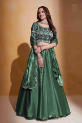 Green Colored Organza Silk Sequins Embroidered  Lehenga Choli For Women