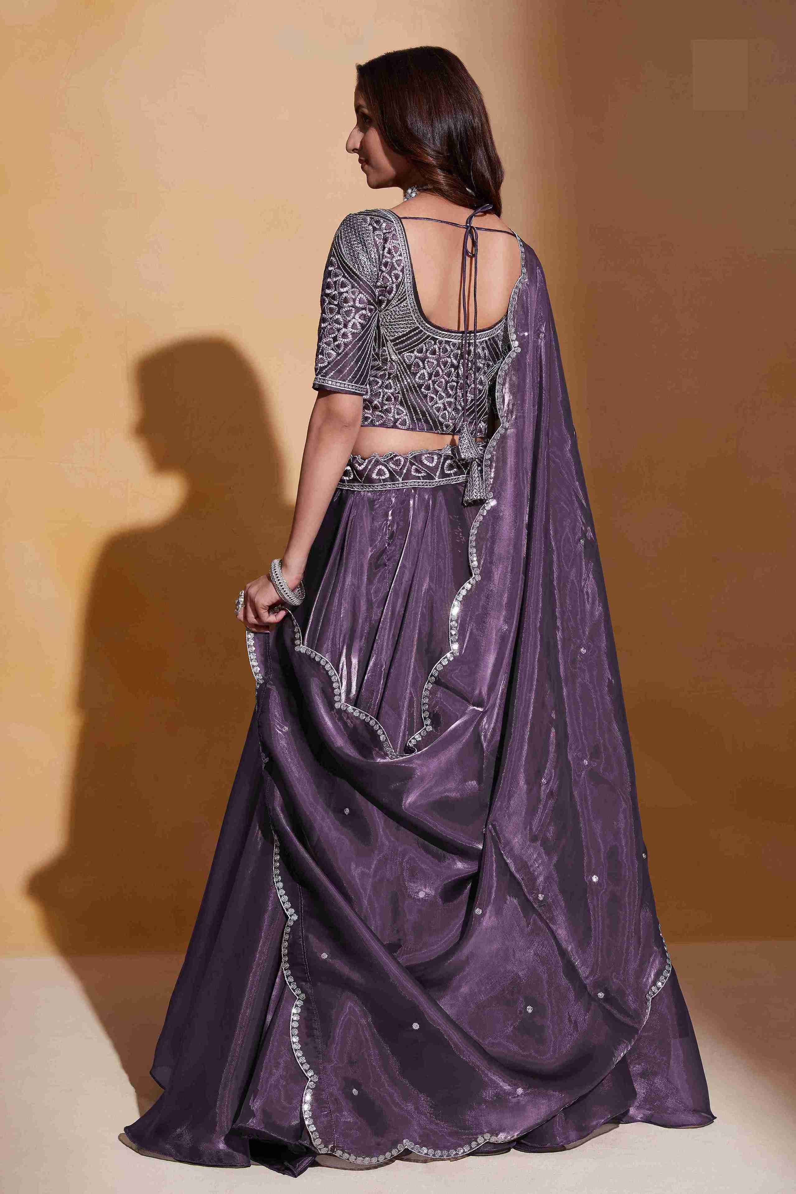 Purple Colored Organza Silk Sequins Embroidered  Lehenga Choli For Women