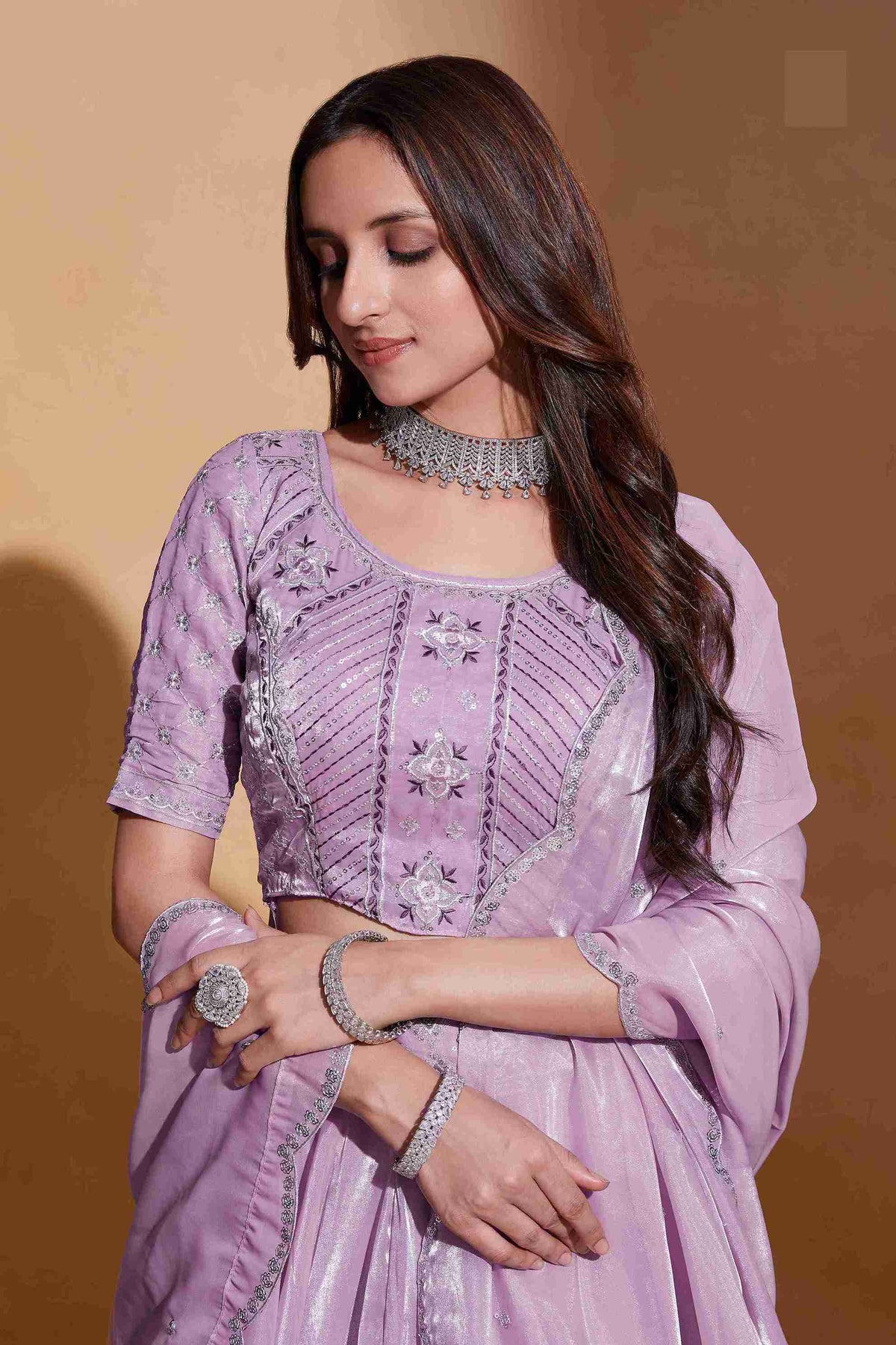 Light Purple Colored Organza Silk Sequins Embroidered  Lehenga Choli For Women