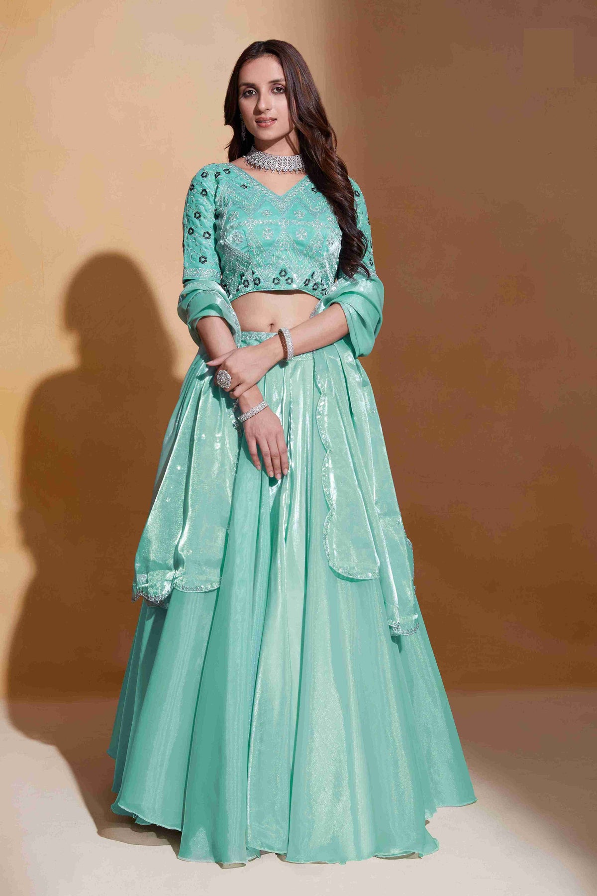 Sea Green Colored  Organza Silk Sequins Embroidered  Lehenga Choli For Women