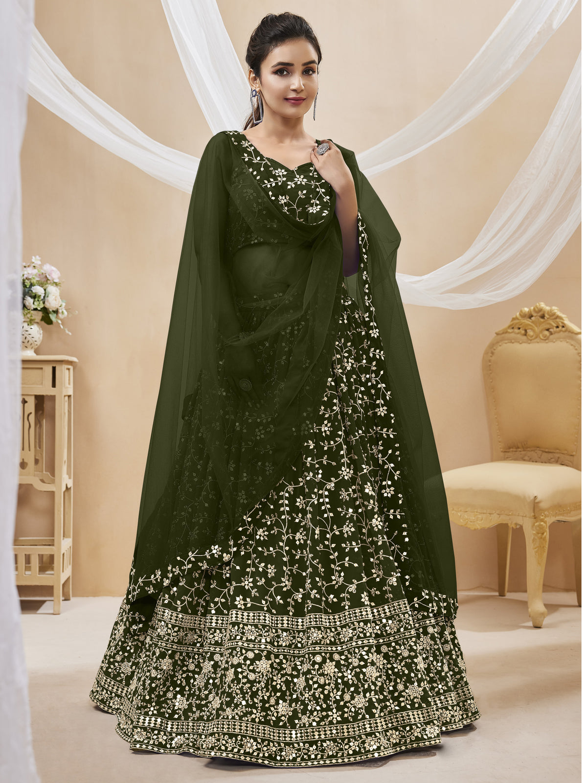 Green Georgette Embroidered Lehenga Choli