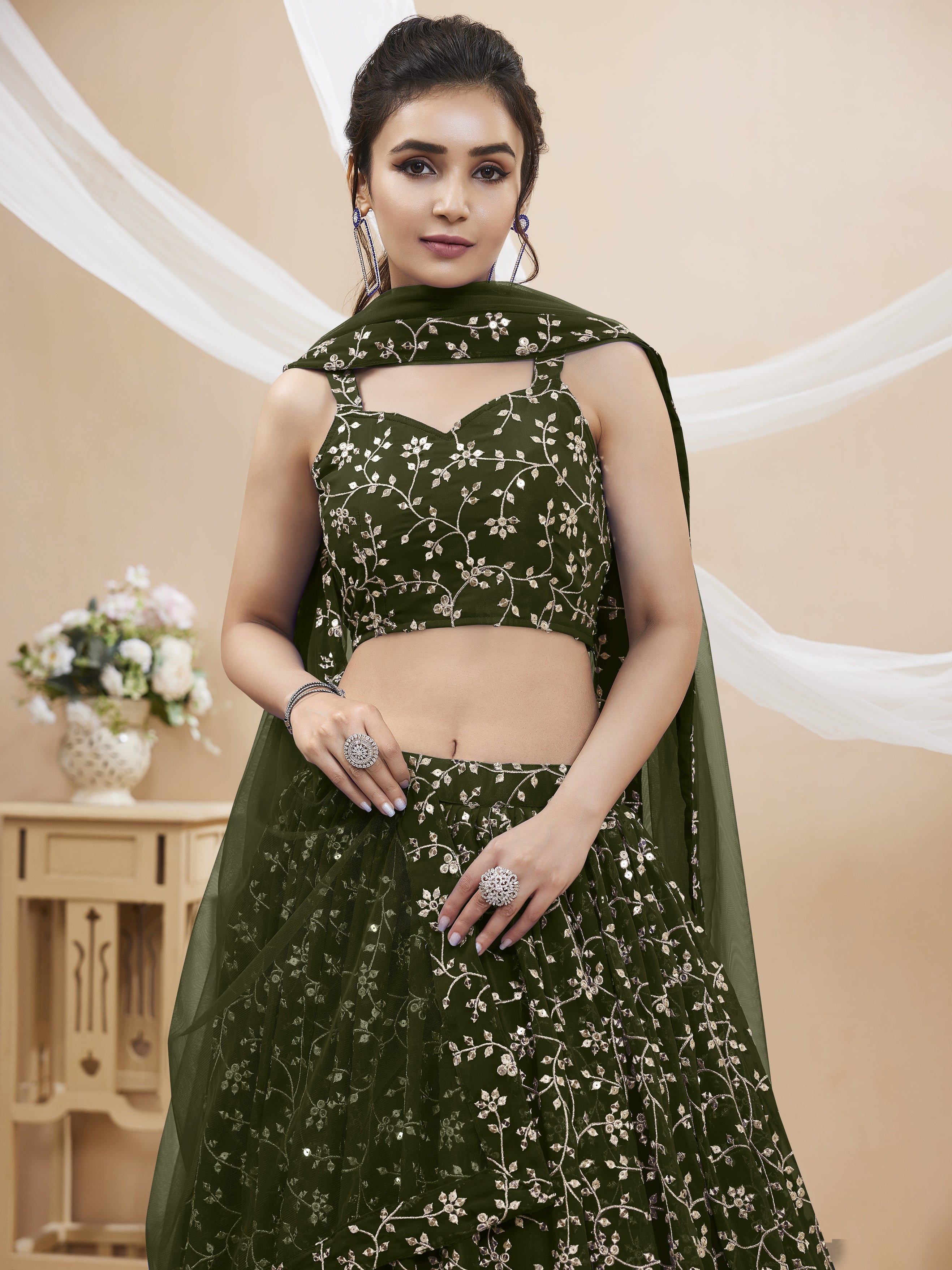 Green Georgette Embroidered Lehenga Choli