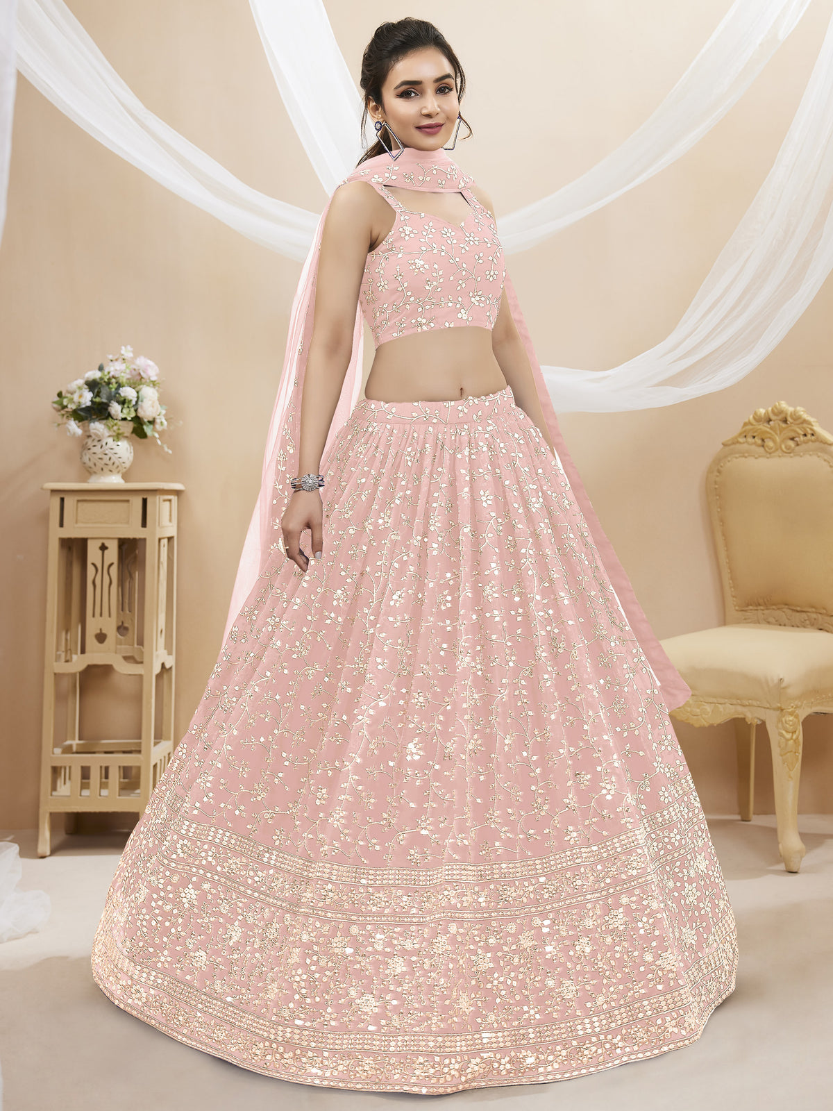 Pink Georgette Embroidered Lehenga Choli