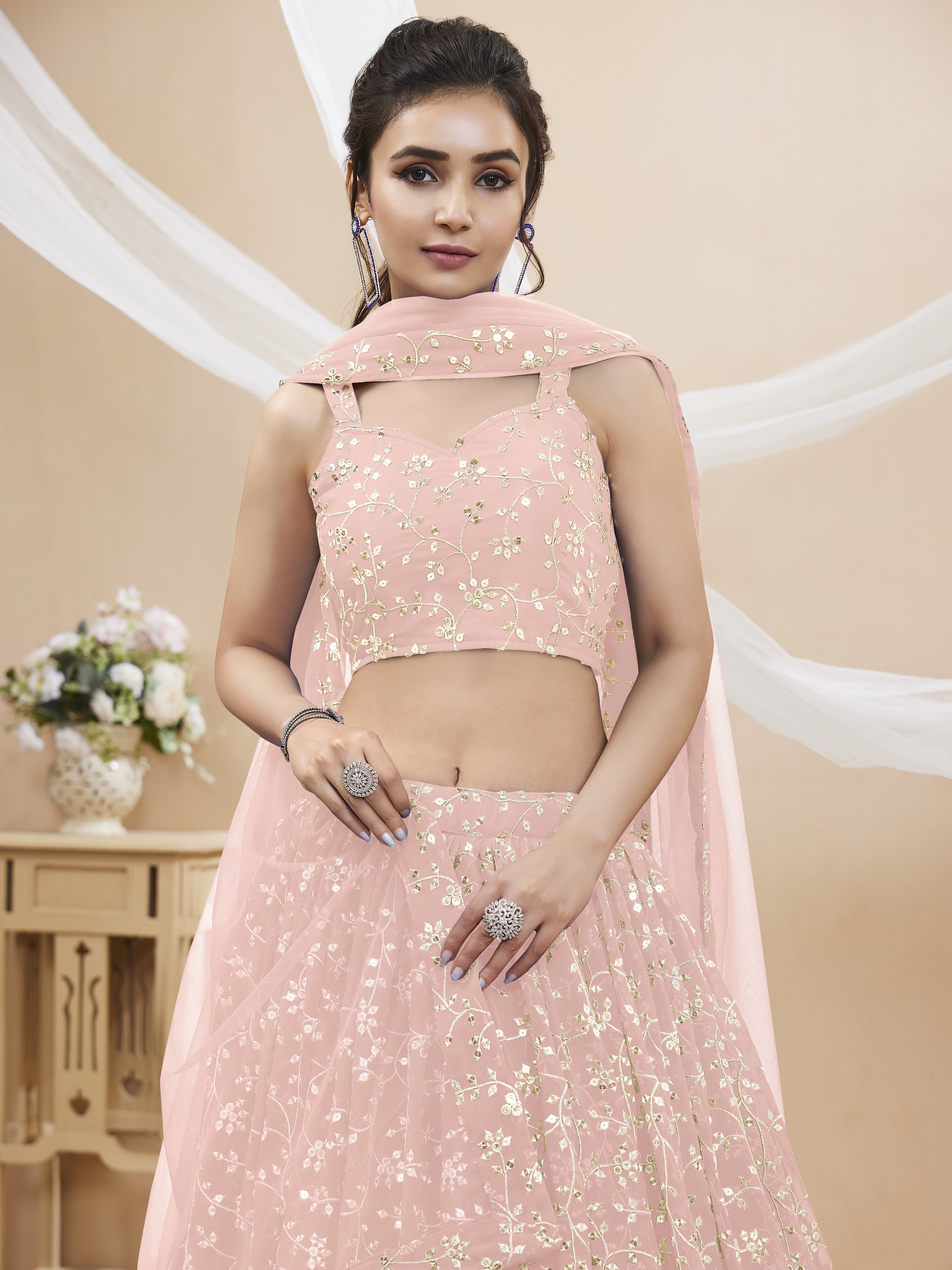 Pink Georgette Embroidered Lehenga Choli