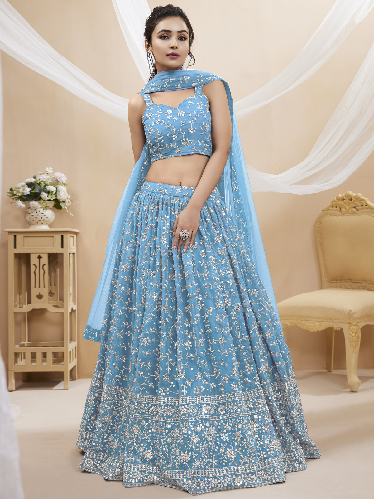 Sky Georgette Embroidered Lehenga Choli