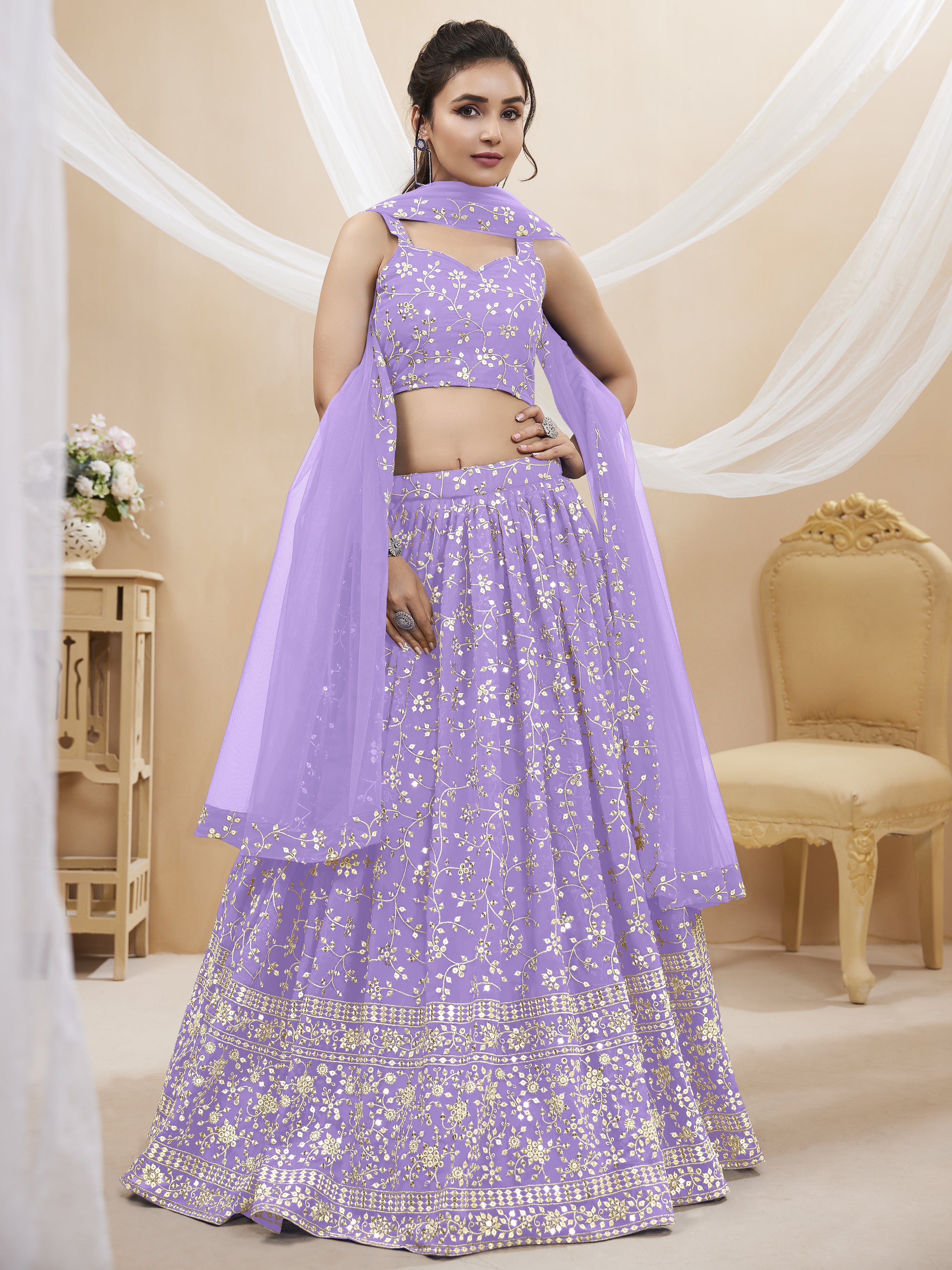 Lavender Georgette Embroidered Lehenga Choli