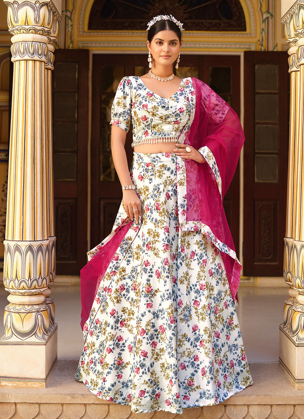 Off White Silk Crush Printed Lehenga Choli