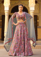 Pink Colored  Silk Crush Printed Lehenga Choli For Women