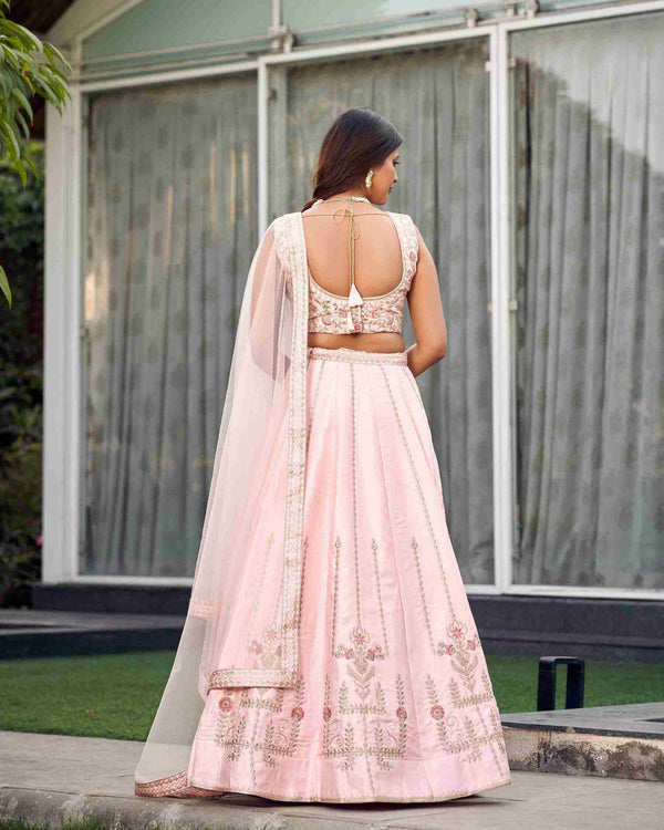 Baby Pink Colored Ready to Wear Art Silk Embroidered Lehenga Choli For Women