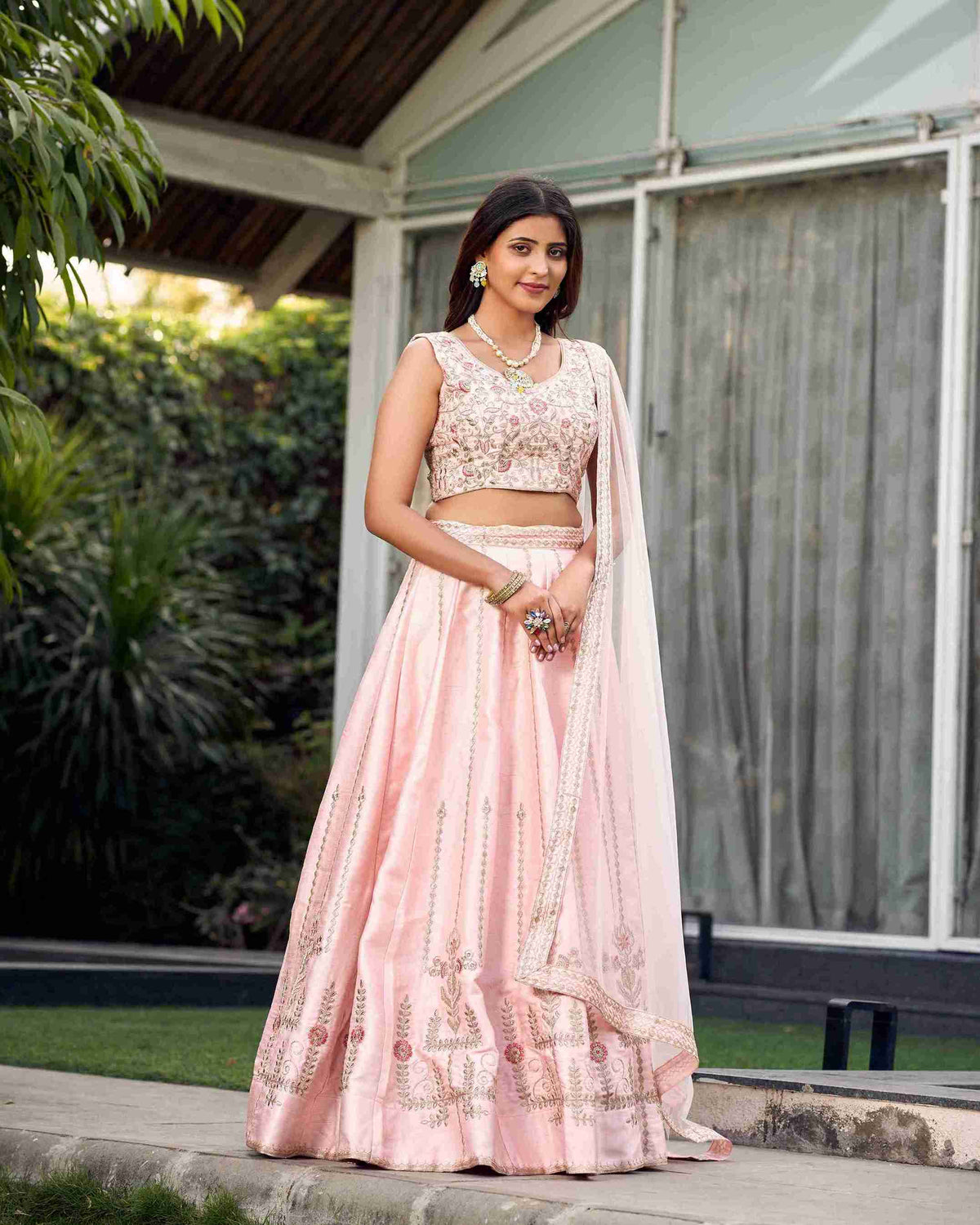 Baby Pink Art Silk Embroidered Lehenga Choli