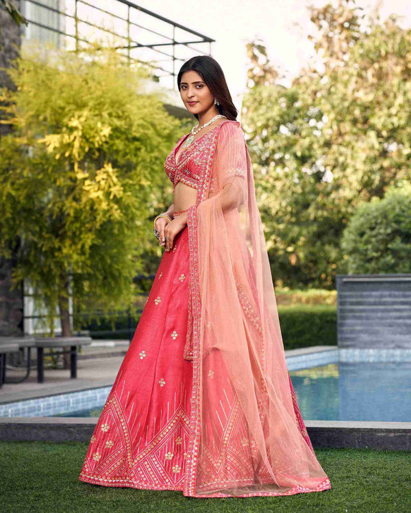 Pink Colored Ready to Wear Art Silk Embroidered Lehenga Choli For Women