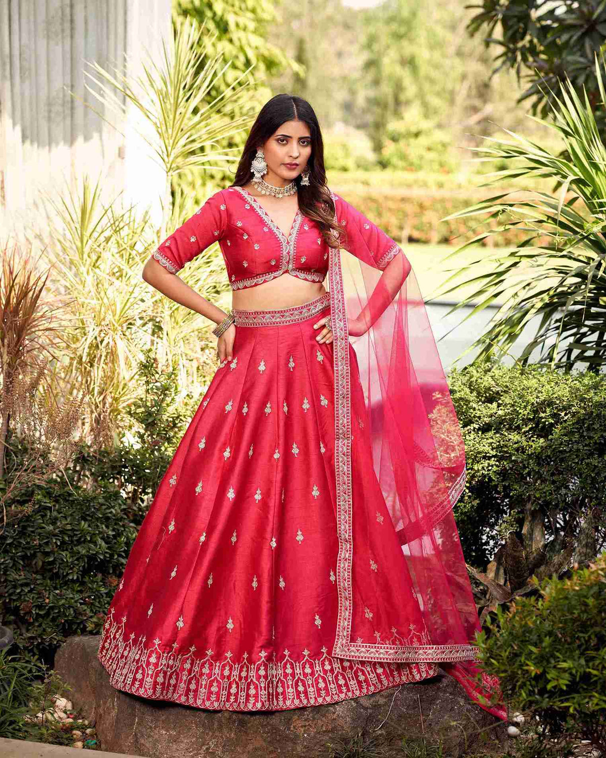 Magenta Pink Colored Art Silk Embroidered Lehenga Choli For Women