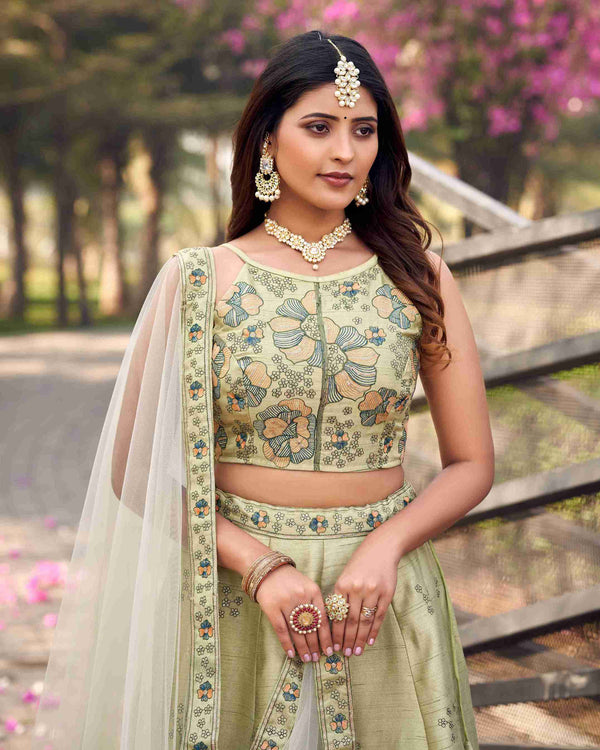 Pista Colored Ready to Wear Art Silk Embroidered Lehenga Choli For Women
