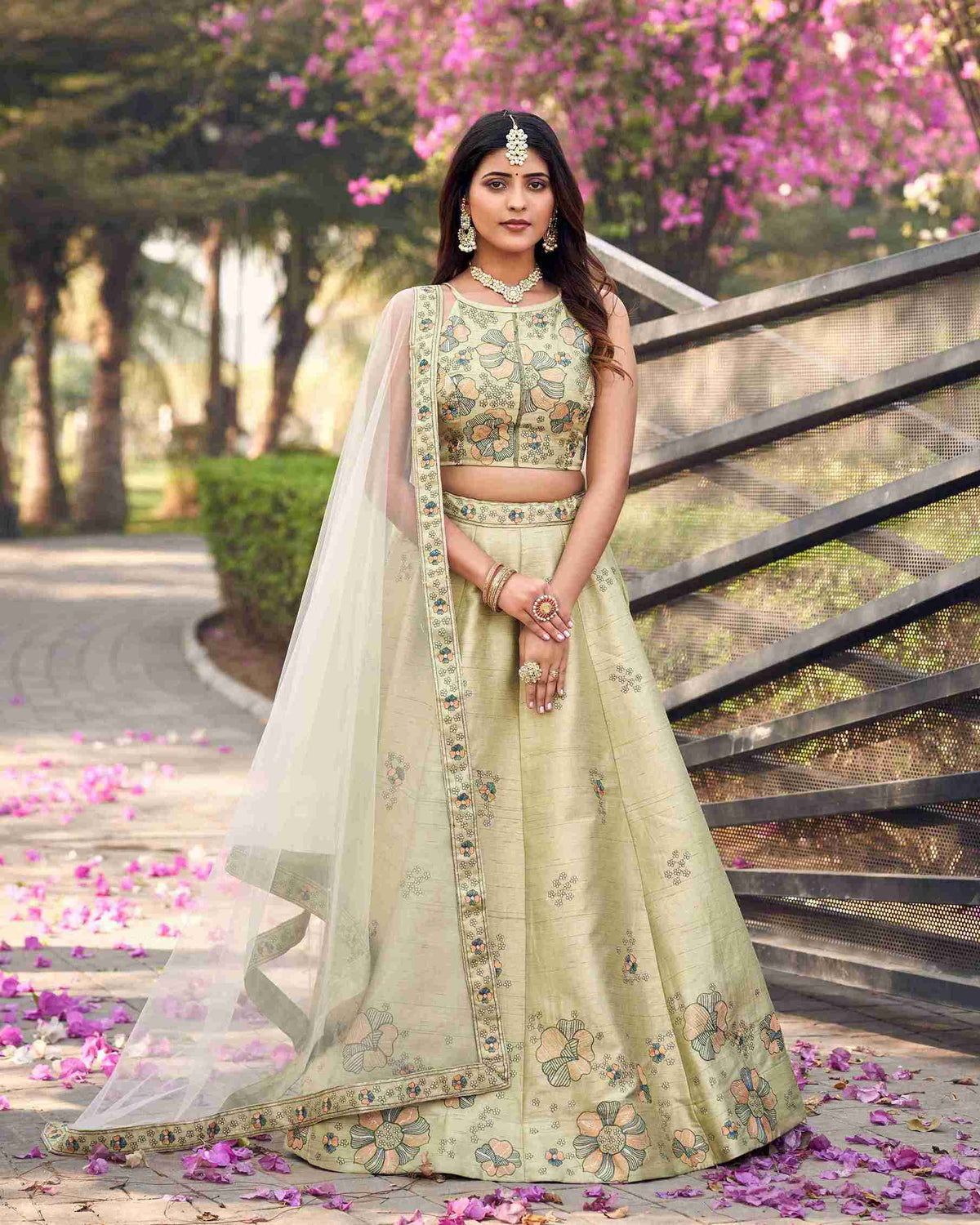 Pista Colored Art Silk Embroidered Lehenga Choli For Women