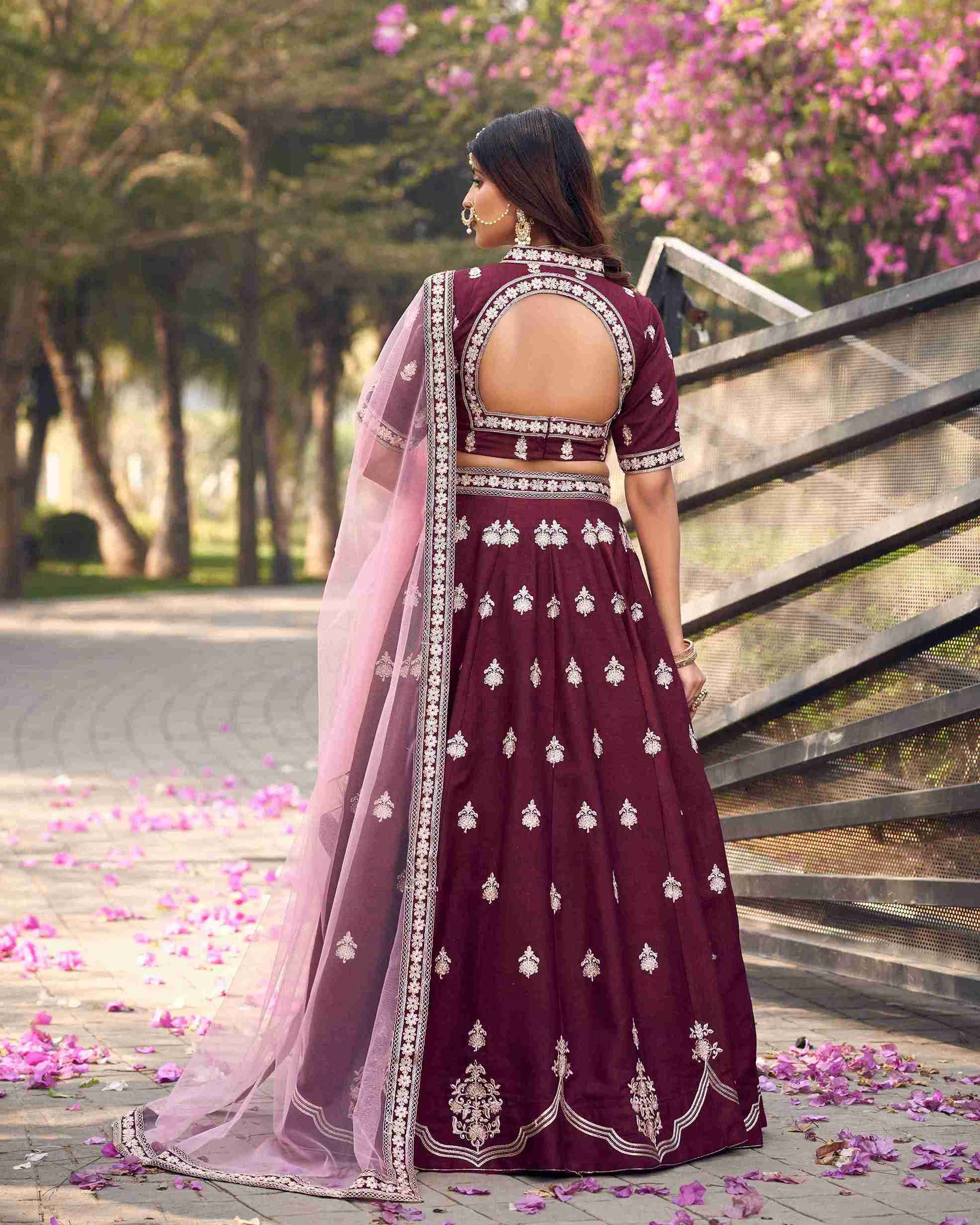 Wine Art Silk Embroidered Lehenga Choli