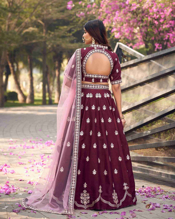 Wine Colored Ready to Wear Art Silk Embroidered Lehenga Choli For Women
