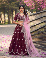 Wine Art Silk Embroidered Lehenga Choli