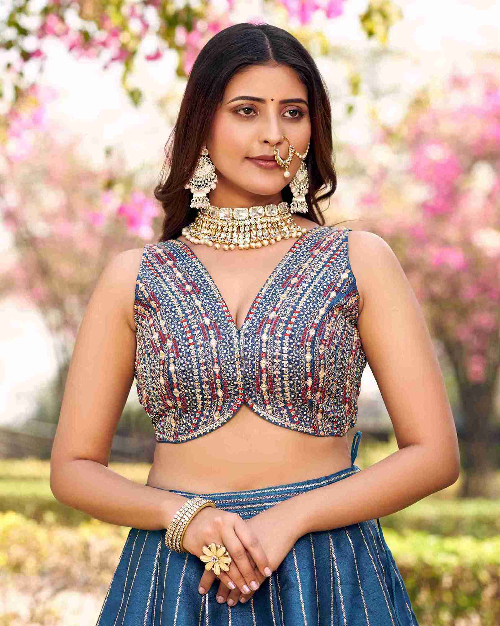 Blue Colored Ready to Wear Art Silk Embroidered Lehenga Choli For Women