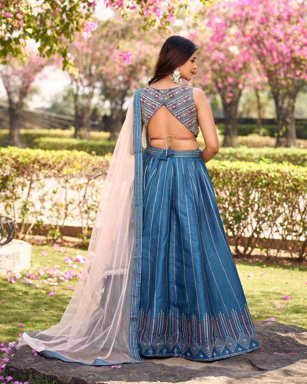 Blue Colored Ready to Wear Art Silk Embroidered Lehenga Choli For Women