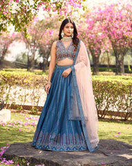 Blue Colored Ready to Wear Art Silk Embroidered Lehenga Choli For Women