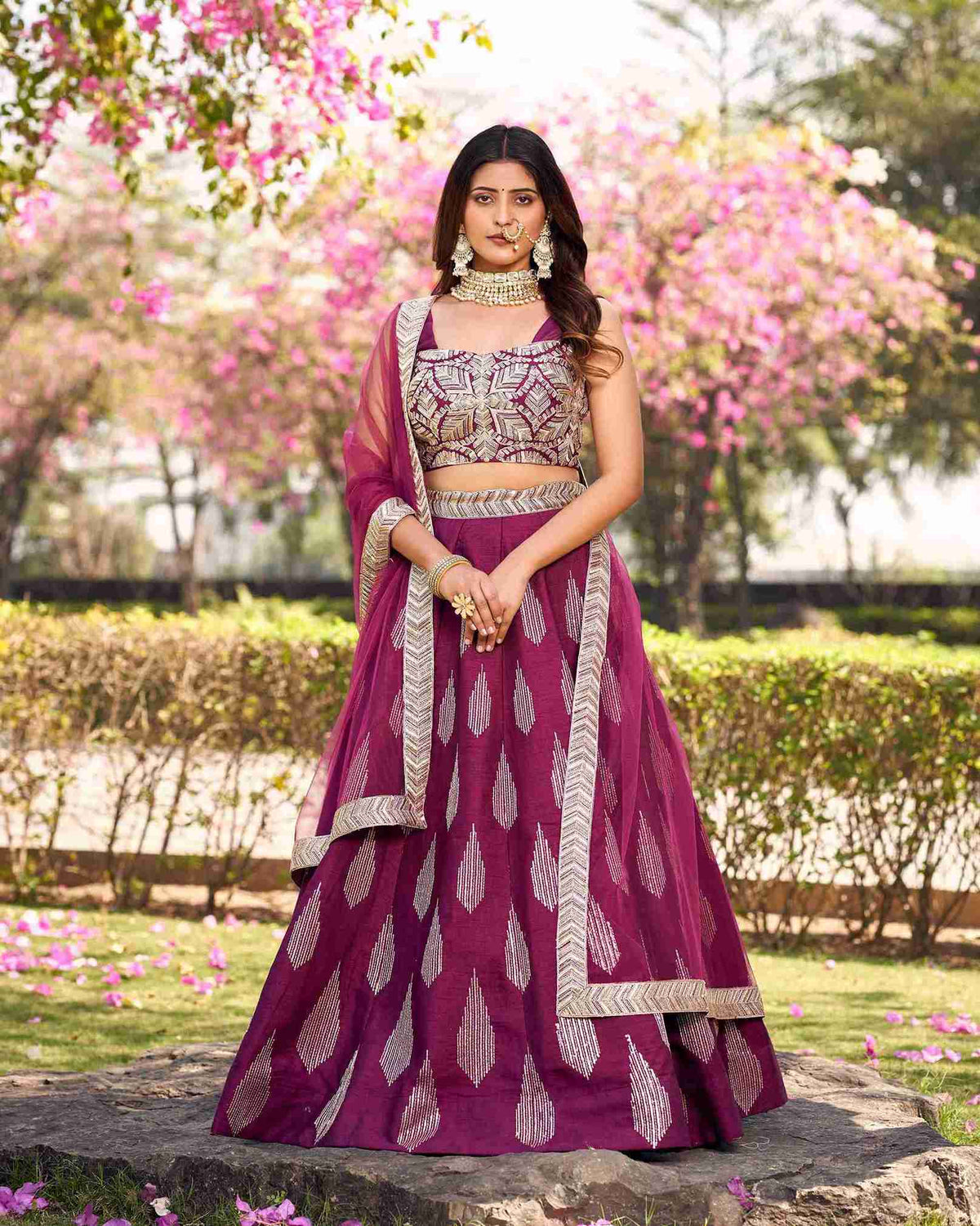 Wine Colored Ready to Wear Art Silk Embroidered Lehenga Choli For Women