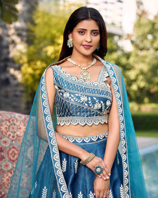 Blue Colored Ready to Wear Art Silk Embroidered Lehenga Choli For Women