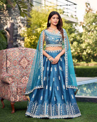 Blue Colored Ready to Wear Art Silk Embroidered Lehenga Choli For Women