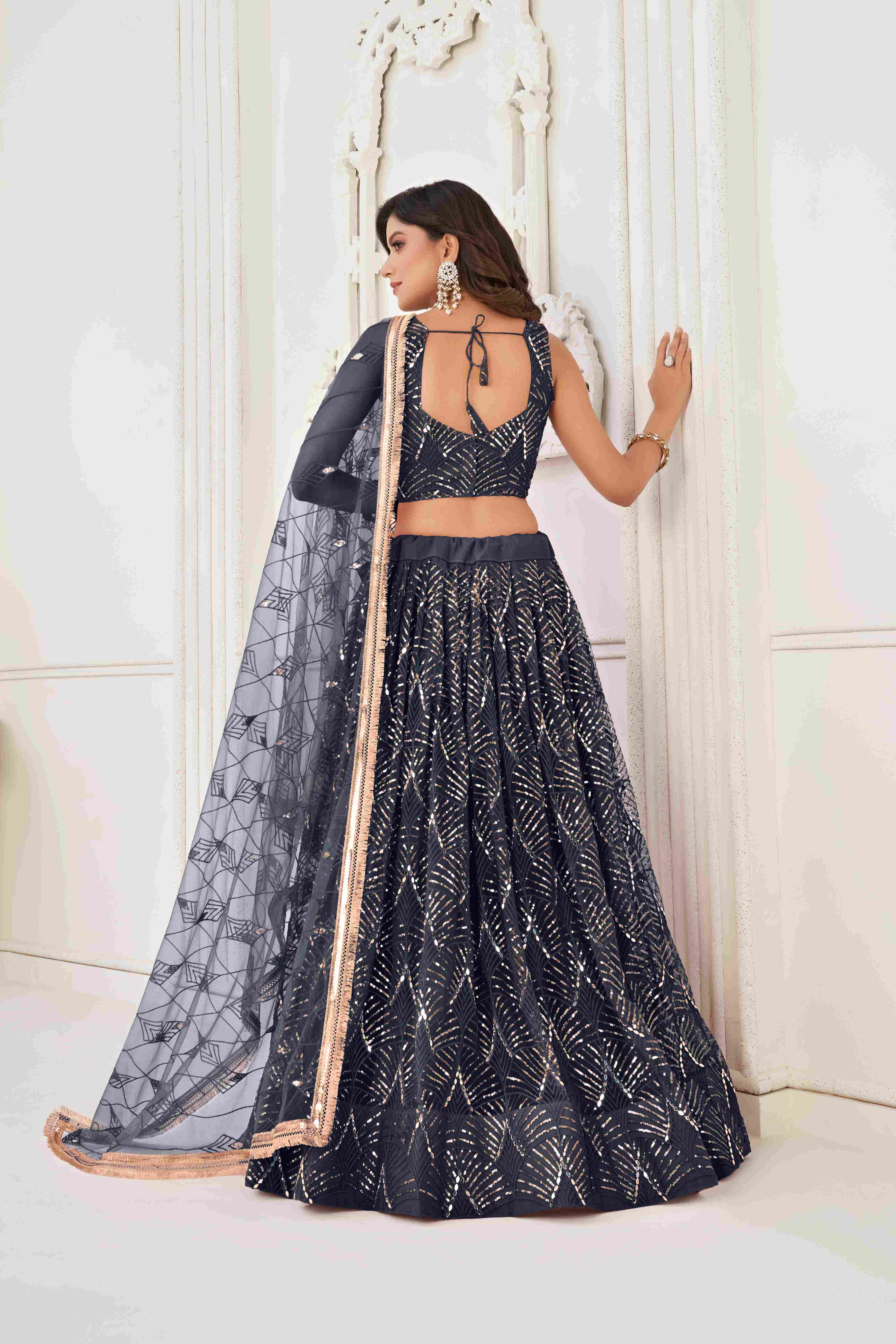 Black Butterfly Net Sequins Embroidered Lehenga Choli