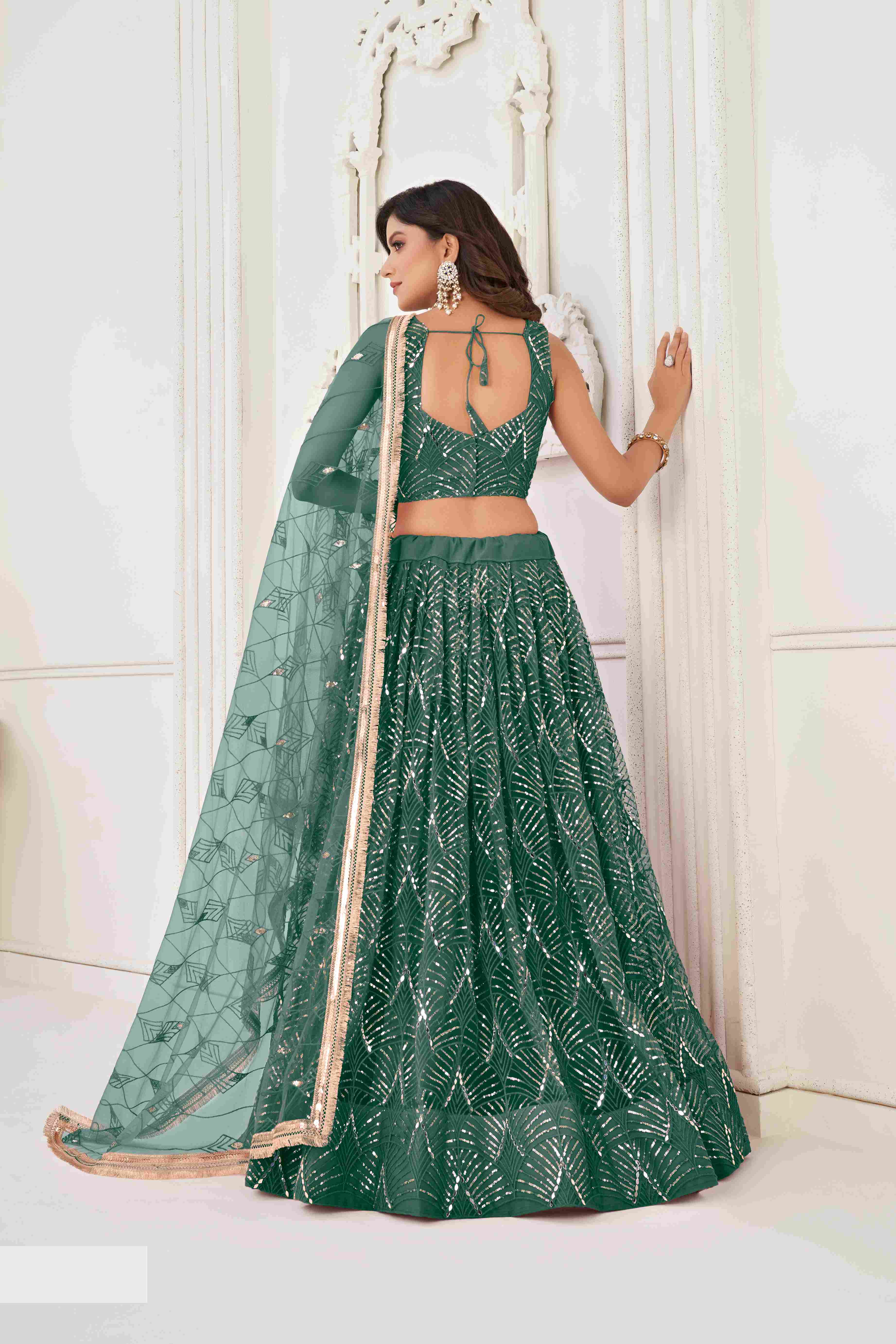 Green Butterfly Net Sequins Embroidered Lehenga Choli