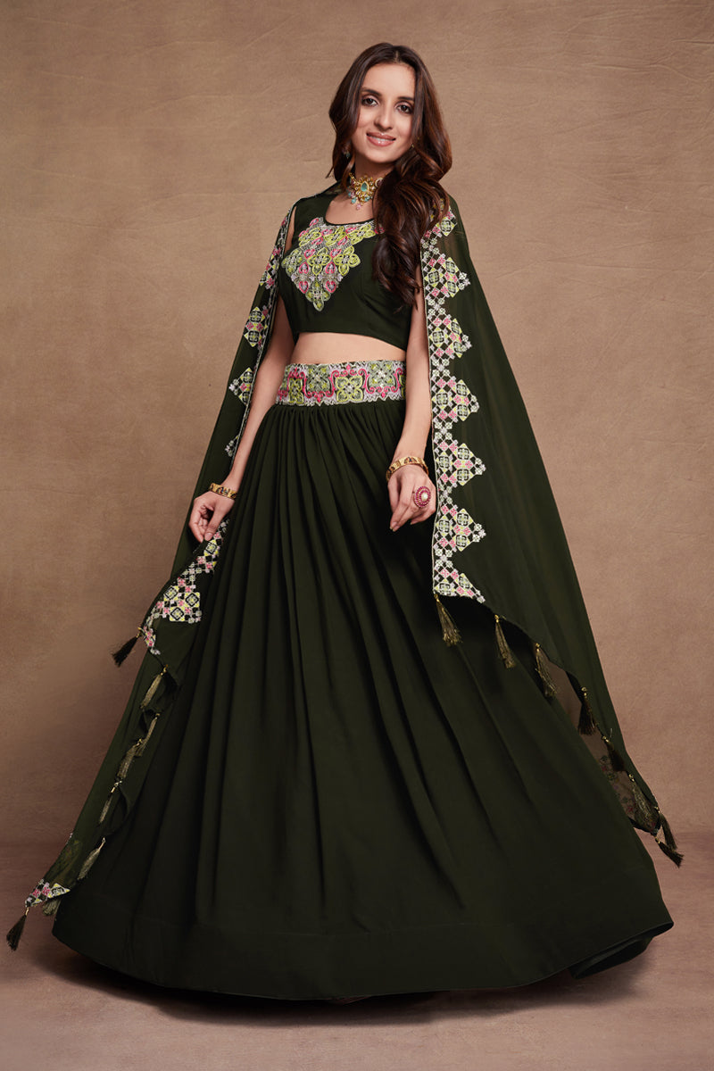 Green Colored Georgette Thread Sequins Embroidered Lehenga Choli For Women