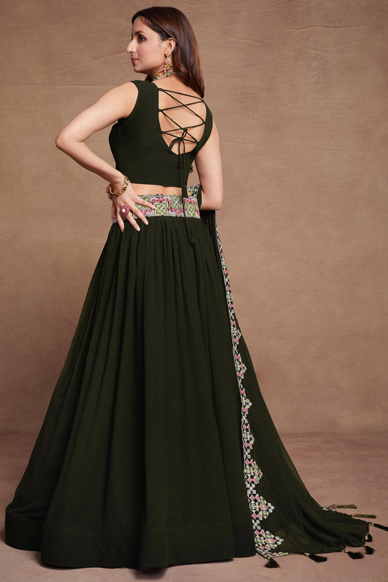 Green Colored Georgette Thread Sequins Embroidered Lehenga Choli For Women