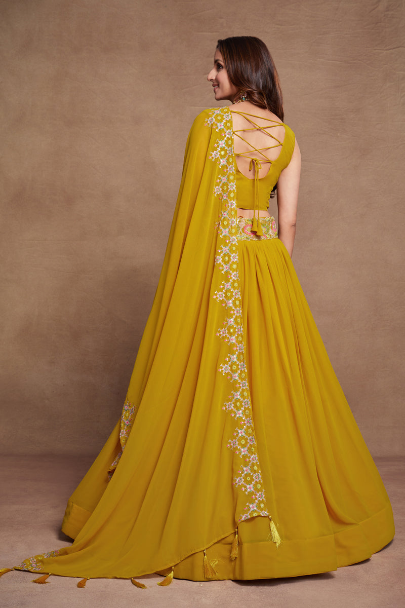 Yellow Colored Georgette Thread Sequins Embroidered Lehenga Choli For Women