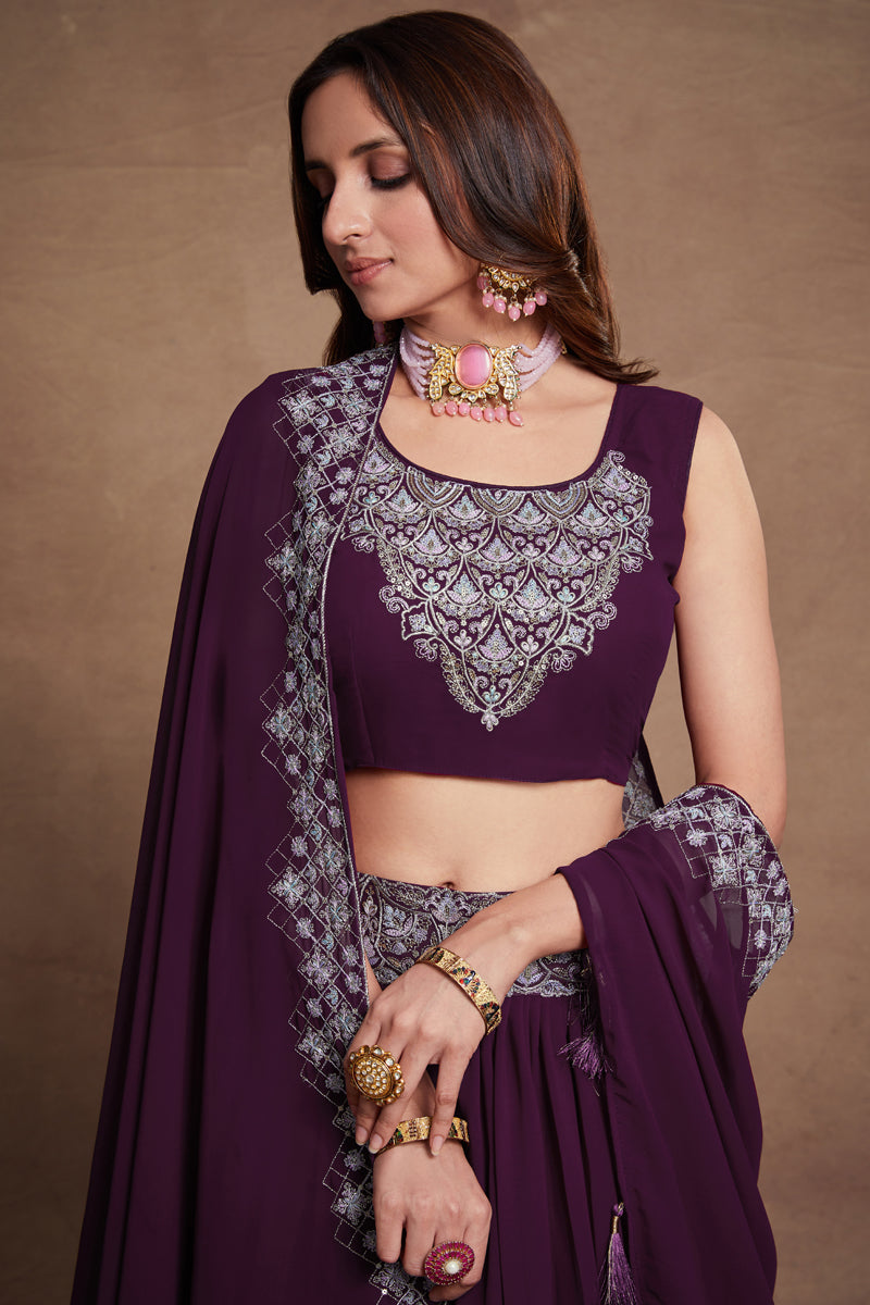 Purple Georgette Thread Sequins Embroidered Lehenga Choli