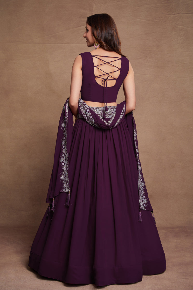 Purple Georgette Thread Sequins Embroidered Lehenga Choli